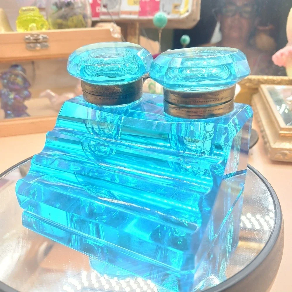 Antique Peacock Blue Glass DOUBLE Inkwell, Late 19th Century Victorian Desk